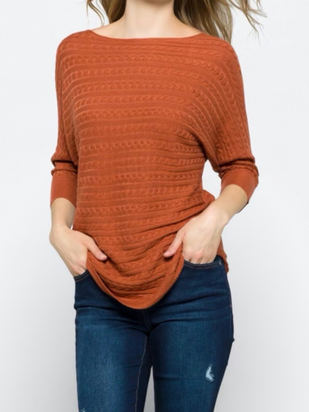 Women’s Cable Knit Sweater - Rust Orange - Picture 2 of 8